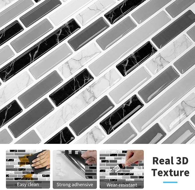 URCOLOR 10-Sheet Peel and Stick Backsplash Tile for Kitchen - 12”×12” Stick on Wall Tile for Bathroom, Black White Grey