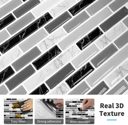 URCOLOR 10-Sheet Peel and Stick Backsplash Tile for Kitchen - 12”×12” Stick on Wall Tile for Bathroom, Black White Grey