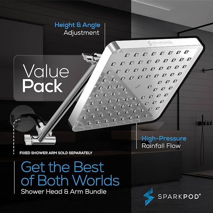 SparkPod 8" Square Rain Shower Head with 11" Shower Arm | Shower Head & Extension Arm Combo, Height Adjustable, High Pressure Performance, Easy 1-Minute Installation, Polished Chrome