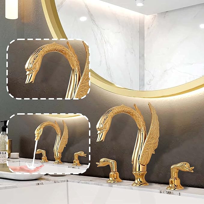 Golden Gold Ornate Swan Style Bathroom Sink Faucet Combo Deck Mount Sink Mixer Tap Set Hot Cold Water
