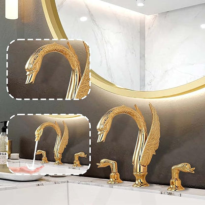 Golden Gold Ornate Swan Style Bathroom Sink Faucet Combo Deck Mount Sink Mixer Tap Set Hot Cold Water