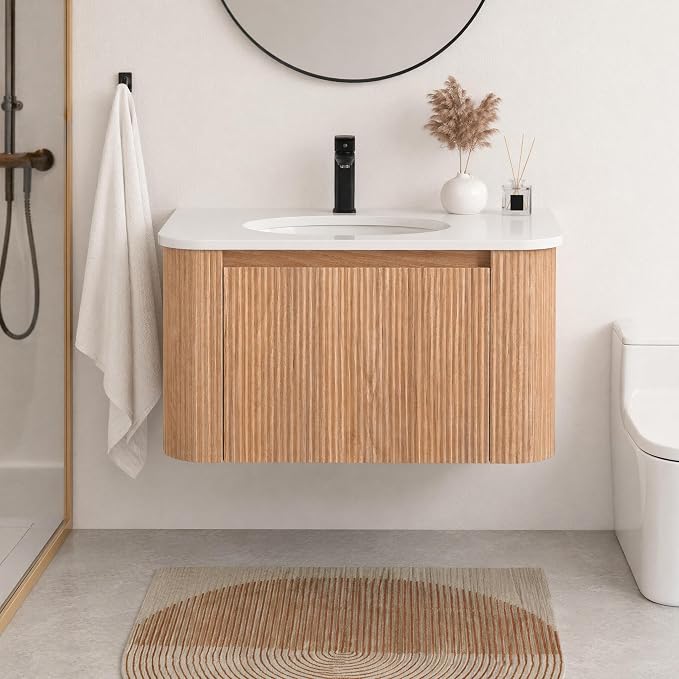 30 Inch Wall Mounted Bathroom Vanity with Ceramic Sink, Pre-Assembled Floating Vanity Cabinet with Marble Countertop, Wave Texture Finish & Drawer, Wood