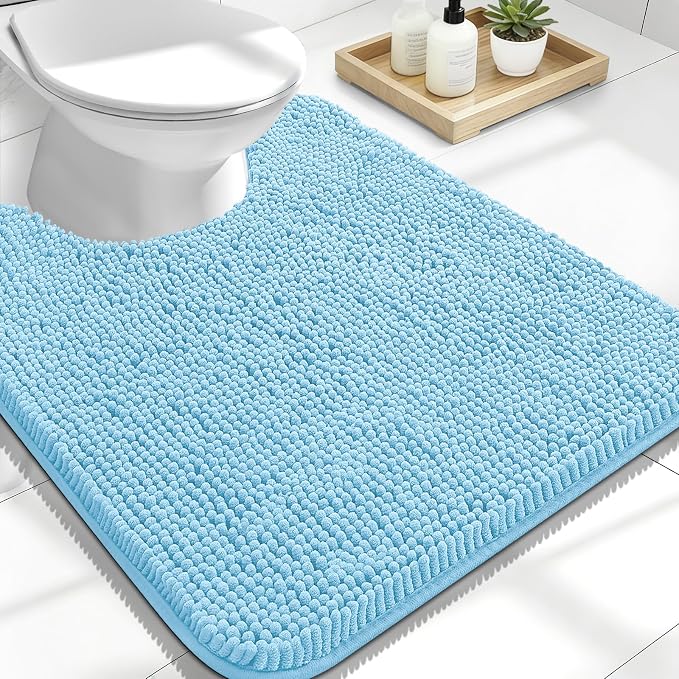 OLANLY Toilet Rugs U-Shaped 24x20, Soft Absorbent Chenille Contour Rugs | Sky Blue, Quick-Drying Rubber Backing, Machine Washable Non-Slip Shaggy Bathroom Mat for Toilet, Home Decor Accessories