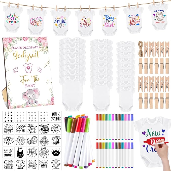 Panitay 126 Pcs Baby Shower DIY Bodysuit Set Bib 25 Blank White Newborn Bodysuit 25 Stencils 24 Marker 1 Sign 50 Pins(Pink Elephant)
