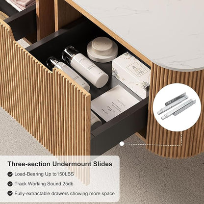 60" Floating Bathroom Vanity with Double Sink, Nature Wood | Plywood Cabinet, Single Sink, Doubel Sink, Ceramic Basin & Marble Countertop, Pre-Assembled