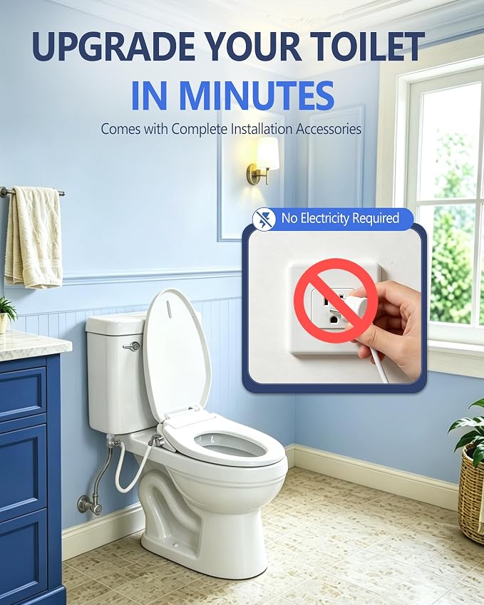 Jamini Non-Electric Bidet Toilet Seat for Elongated Toilets, Dual Nozzle Front & Rear Wash, Adjustable Water Pressure, Soft Close Seat & Lid, Self-Cleaning Nozzles, Quick Release, Brass Inlet