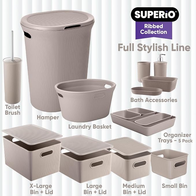 Superio Ribbed Collection - Decorative Plastic Bathroom Accessories Set, Taupe (Set of 4) Soap Dish, Liquid Dispenser, Toothbrush Holder Cup, Vanity Organizer Tray Bathroom Countertop Decor Gift