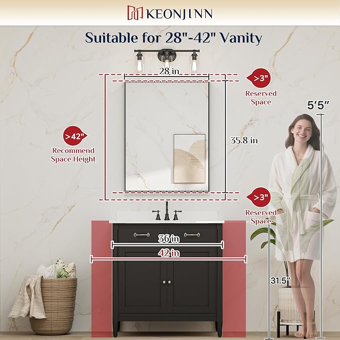 Keonjinn 28x36 Inch Gold Bathroom Mirror for Over Sink, Vanity Mirror | HD Tempered Glass, Rectangular, Brushed Framed, Square Corner, Modern Farmhouse, Wall Mounted Mirrors, Aluminum Alloy