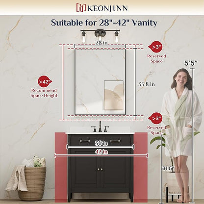 Keonjinn 28x36 Inch Gold Bathroom Mirror for Over Sink, Vanity Mirror | HD Tempered Glass, Rectangular, Brushed Framed, Square Corner, Modern Farmhouse, Wall Mounted Mirrors, Aluminum Alloy