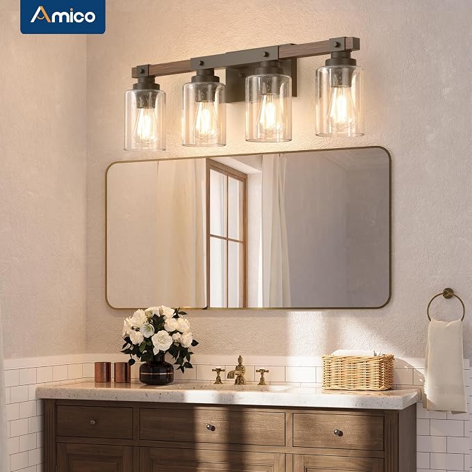 Amico 4-Light Farmhouse Bathroom Vanity Light, Seeded Glass, Black & Wood | Bubble Glass Shade Wall Sconce, Over Mirror Lighting for Bathroom, Bedroom, Living Room, Hallway, Powder Room, Entryway