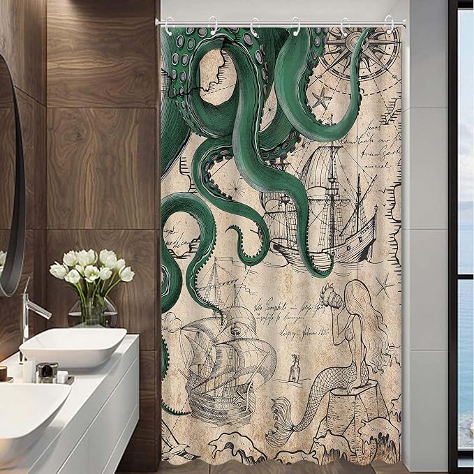 Fungarth Stall Vintage Green Nautical Octopus Shower Curtain Mermaid Funny Ocean Kraken Shower Curtains for Bathroom Cool Anchor Coastal Map Waterproof Fabric Bath Curtain Decor (Retro2, 36” x 72”)