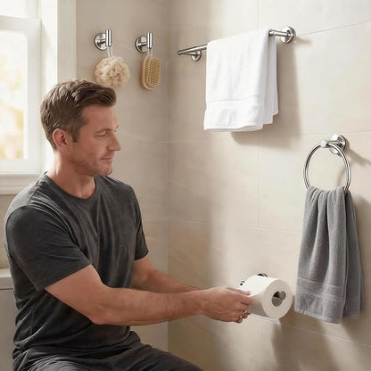 5-Piece Bathroom Hardware Set, Chrome SUS304 Stainless Steel Bathroom Accessories Kit, Includes 24" Towel Bar, Toilet Paper Holder, Towel Ring & 2 Robe Hooks, Wall Mounted, Rustproof Modern Design