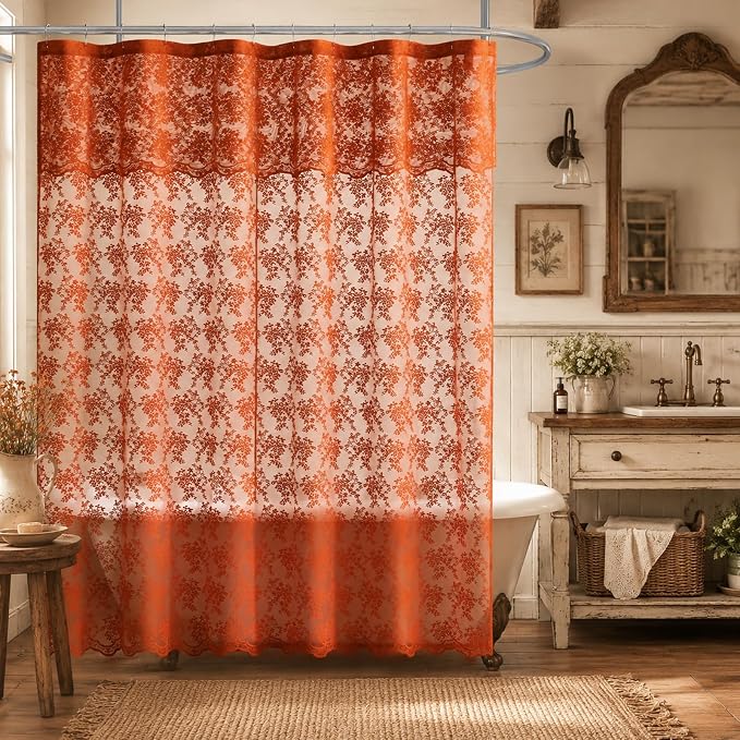 TUDECO Long Orange Shower Curtain with Attached Valance, 72W x 84L Inch | Autumn Bathroom Decor, Terracotta Floral Lace, Boho Farmhouse Charm, Brightens Space, Scalloped Edges, Reinforced Holes