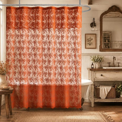 TUDECO Long Orange Shower Curtain with Attached Valance, 72W x 84L Inch | Autumn Bathroom Decor, Terracotta Floral Lace, Boho Farmhouse Charm, Brightens Space, Scalloped Edges, Reinforced Holes