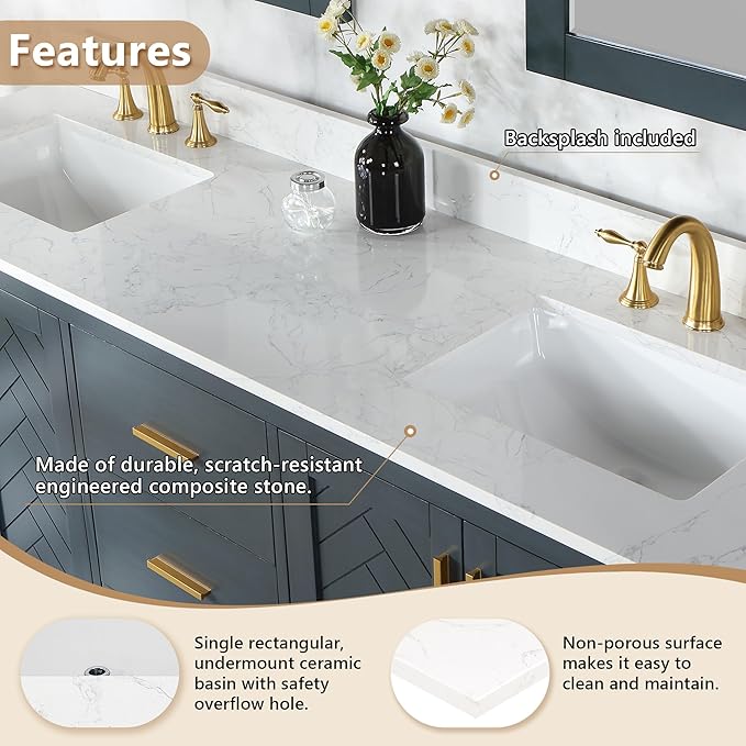 Ceres 73" Engineered Stone Vanity Top in Grain White with Double White Sinks