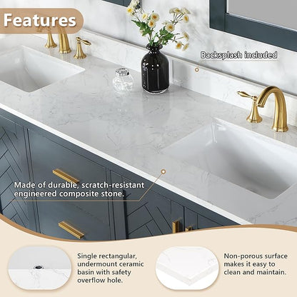Ceres 73" Engineered Stone Vanity Top in Grain White with Double White Sinks
