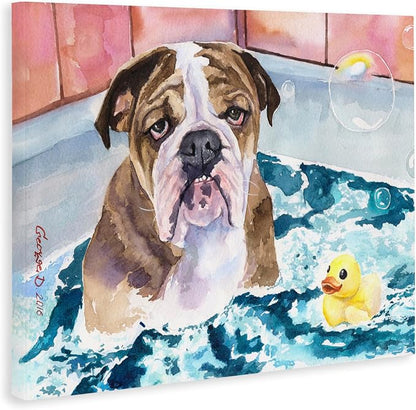 Stupell Industries 'English Bulldog In Bathtub Rubber Duck Bubbles', Canvas Art, 30 x 24 Inches, Easy to Hang and Sturdy, Made in USA, by George Dyachenko