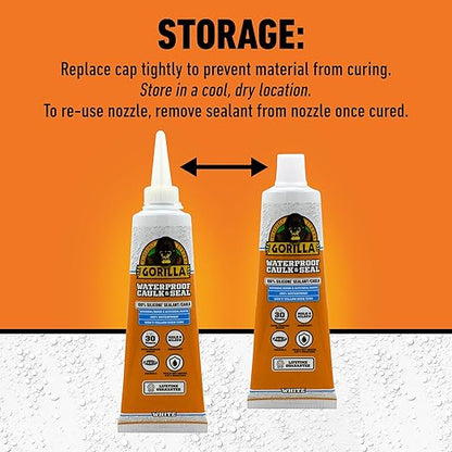 Gorilla 100% Silicone Caulk, Waterproof Sealant, 2.8oz Squeeze Tube (Pack of 1) – White -10 Year Mold Resistant Kitchen, Window, Bath, Marine, Door and More