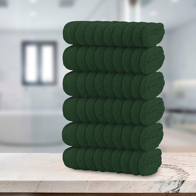Elegant Comfort 100% Turkish Cotton Corduroy Ribbed Luxury Washcloths 6 Pack Soft 13 x 13 Inch - Higly Absorbent, Durable, Quick Dry, Spa Premium Hotel Quality for Bathroom or Travel, Hunter Green
