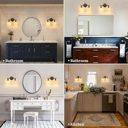 Bathroom Light Fixtures, 2-Light Black Vanity wall Light Over Mirror with White Tulip Glass Shade for Bedroom Living Room (Bulb Not Included)