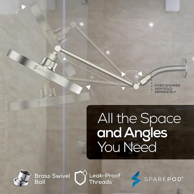 SparkPod 8" Round Rain Shower Head with 11" Shower Arm | Shower Head & Extension Arm Combo, Height Adjustable, High Pressure Performance, Easy 1-Minute Installation, Brushed Nickel