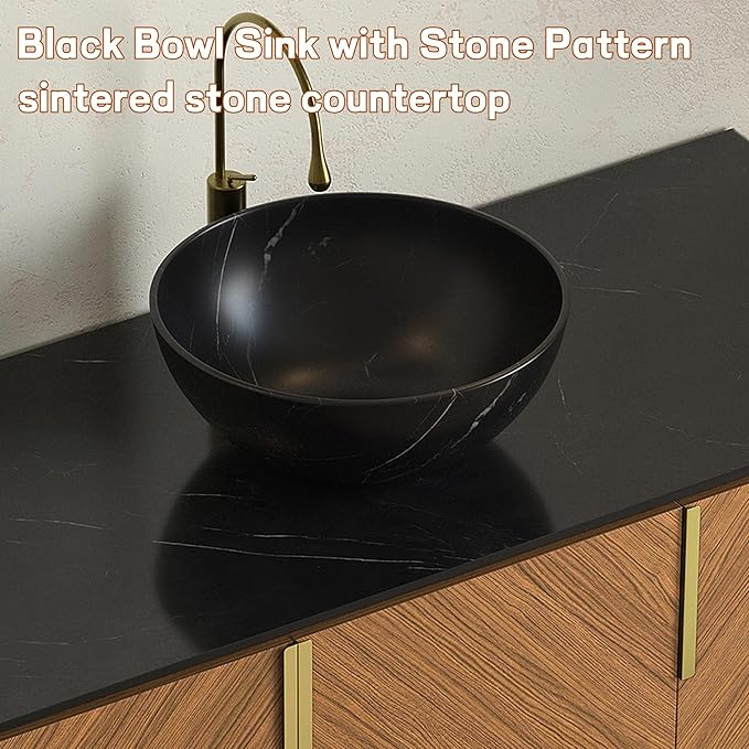 48 Inch Bathroom Vanity with Single Sink, Floating Bathroom Vanity with Vessel Sink, Modern Bathroom Vanity Cabinet with 3 Doors, Sintered Stone Countertop and Bowl Basin, Brown Oak