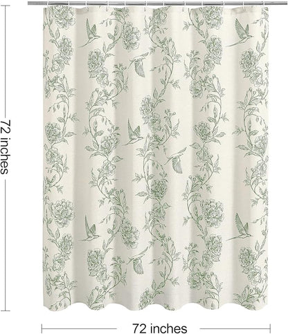 MitoVilla Sage Green Farmhouse Shower Curtain Set, Cotton Floral Hummingbird Cottagecore Spring Shower Curtains for Bathroom, Modern Country Bathroom Décor, 72" W x 72" L
