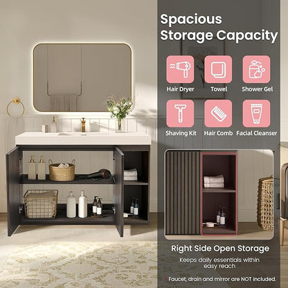 48" Bathroom Vanity with Sink, Freestanding Single Sink Bathroom Vanity with White Engineered Stone Top & Open Side Storage, Soft-Closing Doors with Adjustable Shelf, Smoked Oak Brown