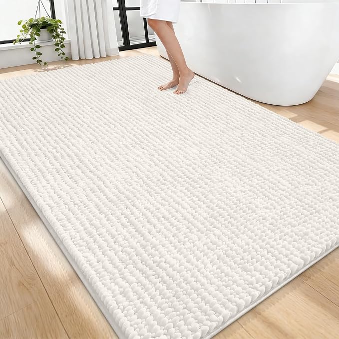 OLANLY Thick Chenille Large Bathroom Rugs 70x46, Absorbent Bath Mat, Ivory | Soft Bath Rugs, Rubber Backing, Machine Wash Dry, Bath Mats for Bathroom, Tub and Shower, Home Decor Accessories