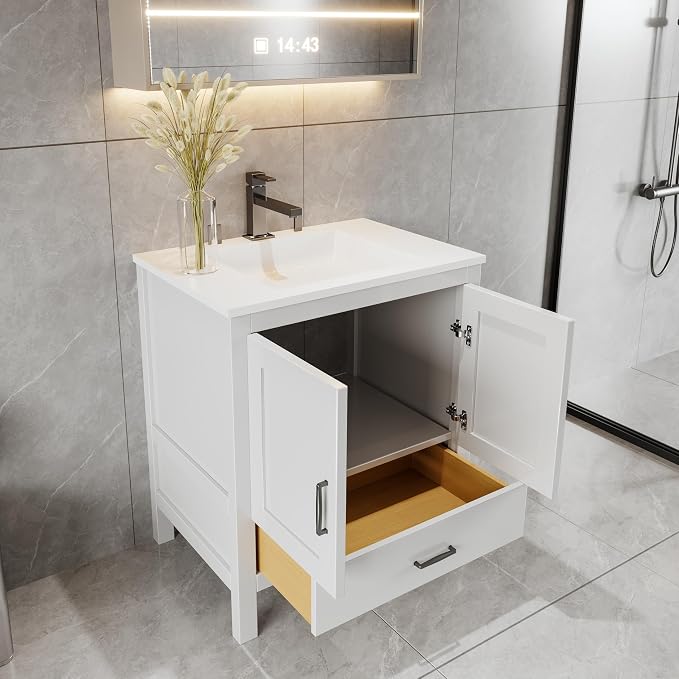 30" Bathroom Vanity Base – White Freestanding Cabinet with Bottom Drawer, Soft-Close Doors, Solid Wood Sink Base Only (No Top, 30" W x 21" D x 34.5" H)