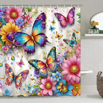 Chrainy 4pcs Colorful Butterfly Shower Cutain Set Bathroom Decor with Rugs | Bath Accessories with Waterproof Curtain, Bath Mat, Toilet Lid Cover, U-Shaped Rug and 12 Hooks for Washroom, 71*71in