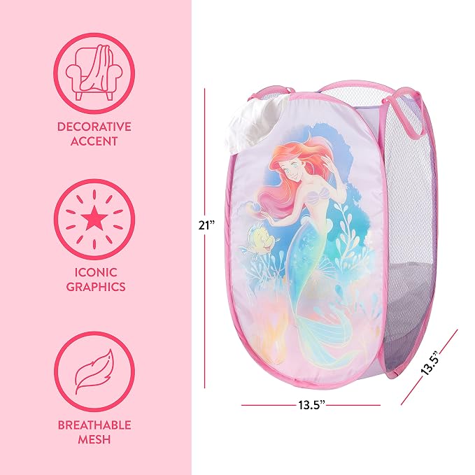 Disney Little Mermaid Ariel Pop-Up Hamper,Collapsible Laundry Basket with Sturdy Handles, 21x13.5x13.5, Lightweight Storage for Kids' Bedroom or Bathroom