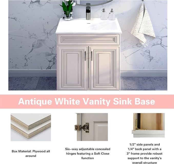 36" Antique White Bathroom Vanity Base – Ready-to-Assemble Sink Cabinet, Freestanding Bathroom Vanity Base Only, No Top or Sink