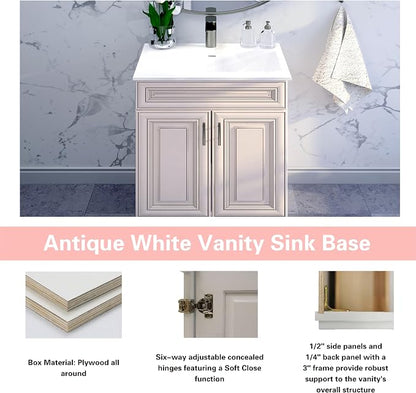 24" Antique White Bathroom Vanity Base – Ready-to-Assemble Sink Cabinet, Freestanding Bathroom Vanity Base Only, No Top or Sink
