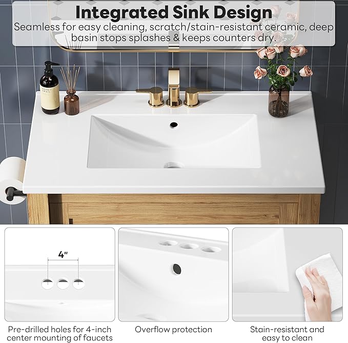 LIKIMIO 30 Inch Bathroom Vanity with Sink, Towel Holder & Adjustable Solid Wood Legs for Uneven Floor, Modern Bathroom Storage Cabinet with Tip-Out Drawer, 2 Drawers & Adjustable Shelf, Nature