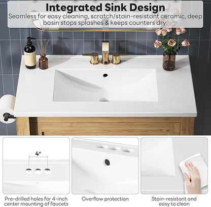 LIKIMIO 30 Inch Bathroom Vanity with Sink, Towel Holder & Adjustable Solid Wood Legs for Uneven Floor, Modern Bathroom Storage Cabinet with Tip-Out Drawer, 2 Drawers & Adjustable Shelf, Nature