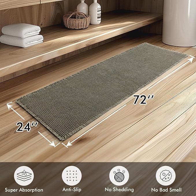 MIULEE Set of 2 Waffle Bathroom Runner Rugs Green 2'x6'(24"x72") | Non Slip, Super Absorbent, Washable, Ultra Soft, Boho Bath Mats for Bathroom Hallway Bedroom Laundry Room Kitchen