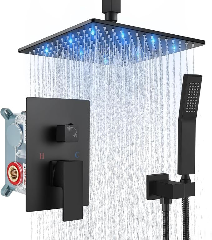 Aolemi Ceiling Shower Faucet Set with Handheld 10" LED Head Matte Black | Handheld Spray,10 Inch Rain LED Head,Shower Valve and Trim Kit,All Metal,Ceiling System,Bathroom Mixer