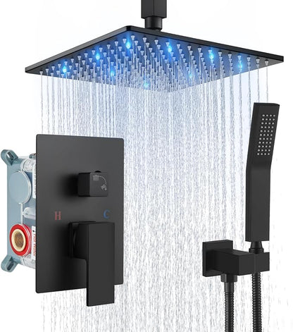 Aolemi Ceiling Shower Faucet Set with Handheld 10" LED Head Matte Black | Handheld Spray,10 Inch Rain LED Head,Shower Valve and Trim Kit,All Metal,Ceiling System,Bathroom Mixer