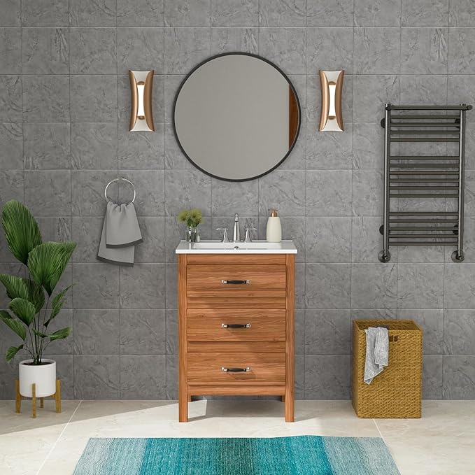 Lordear White Bathroom Sink 3 Holes Drop In 24 X 20 Inch Three Holes Porcelain Ceramic Bathroom Vanity Top Sink Basin 24"