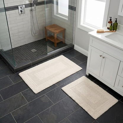 Bedford Home Bathroom Rugs Set (67A-01677) - 2-Piece Cotton Bathroom Mat Set, Machine Washable Standard & Large Bath Mats for Washroom, Kitchen, or Laundry Room (Ivory)