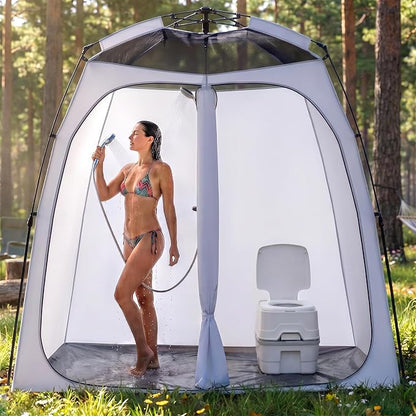 EighteenTek® Upgraded Shower Tents with Hub, Pop Up Privacy Tent Camping 2-Room Privacy Shelter with Floor & Dual Doors, Portable Easy-Setup Toilet & Changing Tent, 83" x 47" x 77.6"H