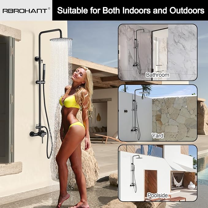 RBROHANT Outdoor Shower, Wall Mount Outdoor Shower Kit, Outside Shower Faucet with Height Adjustable Rain Shower Head and Handheld, Exposed Shower System for Yard, Wall Mounted, Matte Black, JK0145
