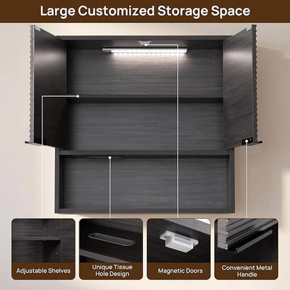 Wall Mounted Bathroom Cabinet with Motion Sensor LED Light & Tissue Dispenser, Modern Black Medicine Cabinet Over Toilet with Fluted Door, Adjustable Shelf for Skincare & Makeup Storage