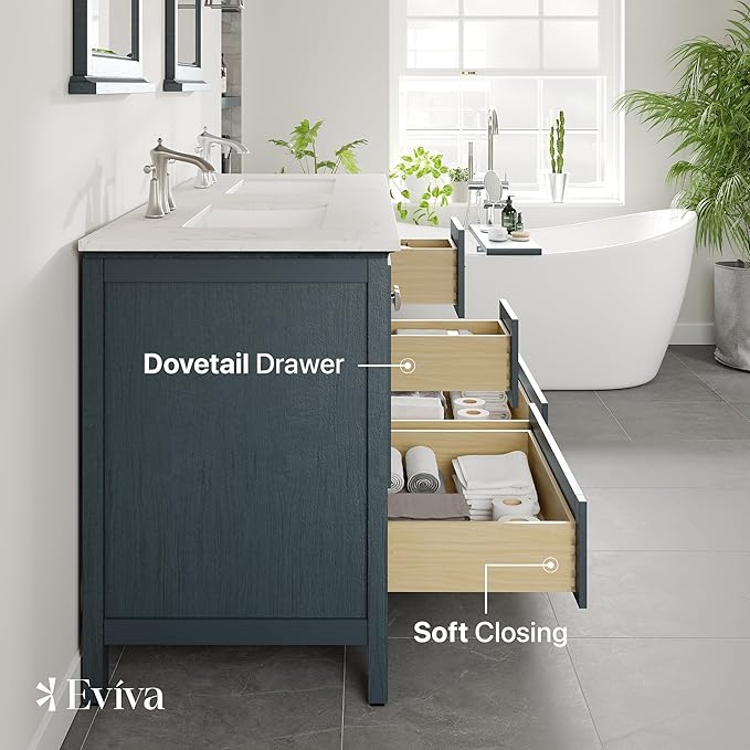 Eviva Britney 60 in. Ash Blue Double Sink Bath Vanity with Carrara Quartz Top and Undermount Porcelain Sinks