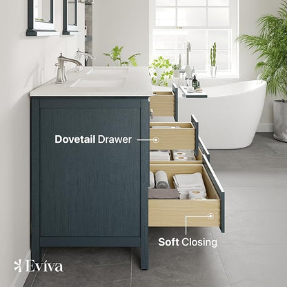 Eviva Britney 60 in. Ash Blue Double Sink Bath Vanity with Carrara Quartz Top and Undermount Porcelain Sinks