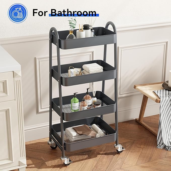 OLIXIS Metal 4 Tiers Utility Rolling Cart, Mobile Storage Shelf with Lockable Caster Wheels, Organization for Livingroom, Bathroom & Narrow Places, 4-Tier Gray