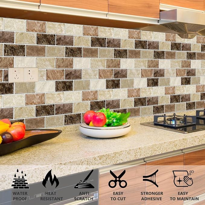 URCOLOR 10-Sheet Peel and Stick Backsplash Subway Tile for Kitchen,12"x12" Self Adhesive Wall Tiles Sticker on Back Splashes for Bathroom Brown Marble Design