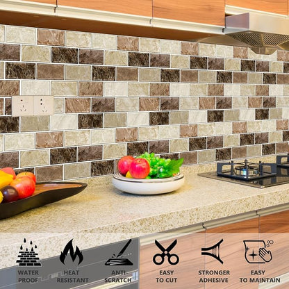 URCOLOR 10-Sheet Peel and Stick Backsplash Subway Tile for Kitchen,12"x12" Self Adhesive Wall Tiles Sticker on Back Splashes for Bathroom Brown Marble Design