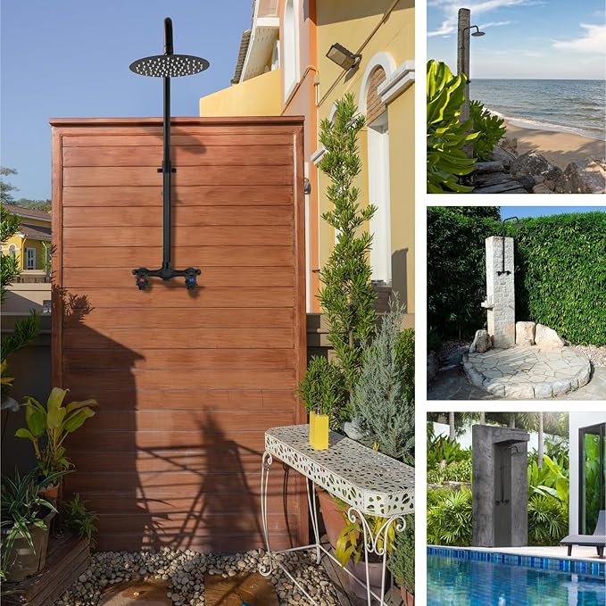 Aolemi Outdoor Shower Kit,8 Inch Rain Head,Hot and Cold,Matte Black | 2-Handle Control Outdoor Shower Fixtures,Adjustable Height,6-Inch Center Valve,Winter Drainage,Exposed Shower